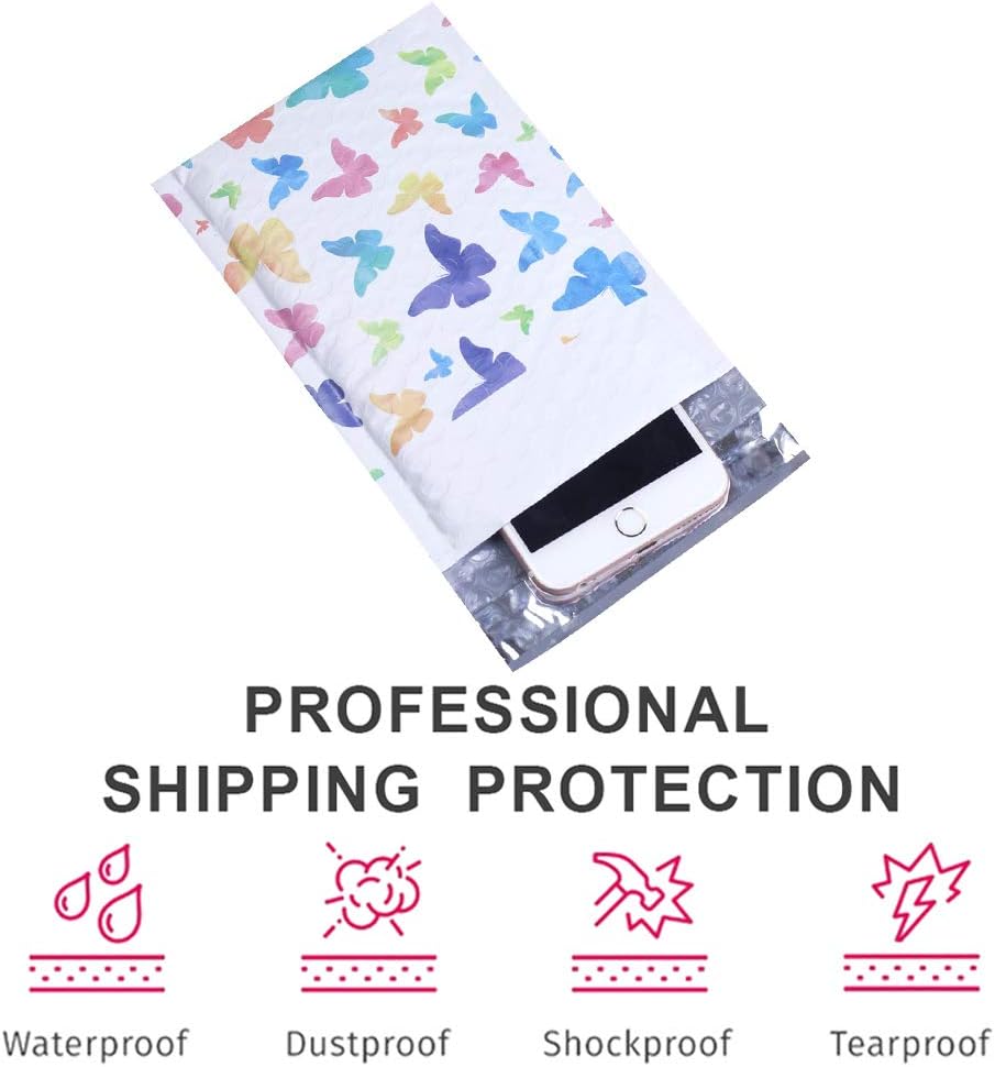 UCGOU Bubble Mailers 4x8 Inch Colorful Butterfly 50 Pack Poly Padded Envelopes Small Business Mailing Packaging Self Seal Waterproof Boutique Mail Shipping Bags for Jewelry Makeup Supplies #000